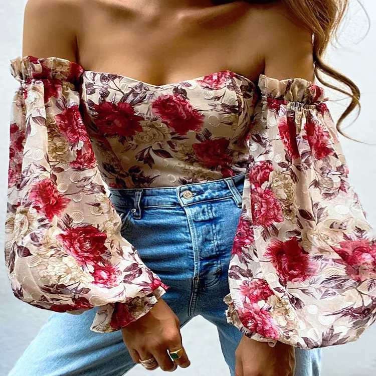 

2022 High Quality Shirts Women Floral Print Blouse Crop Tops Tshirt Long Lantern Sleeve Off Shoulder Strapless Pullovers Shirts