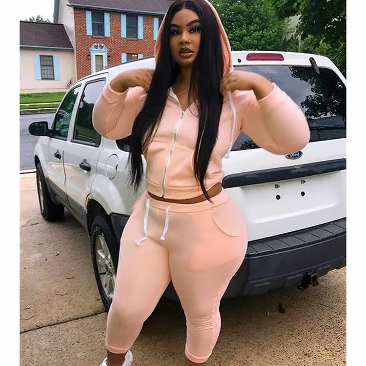 

new arrivals Sporty Women Gym Solid Hooded long sleeve crop tops Co Ord Plus Size clothing 2 piece sets two piece Set, Pink