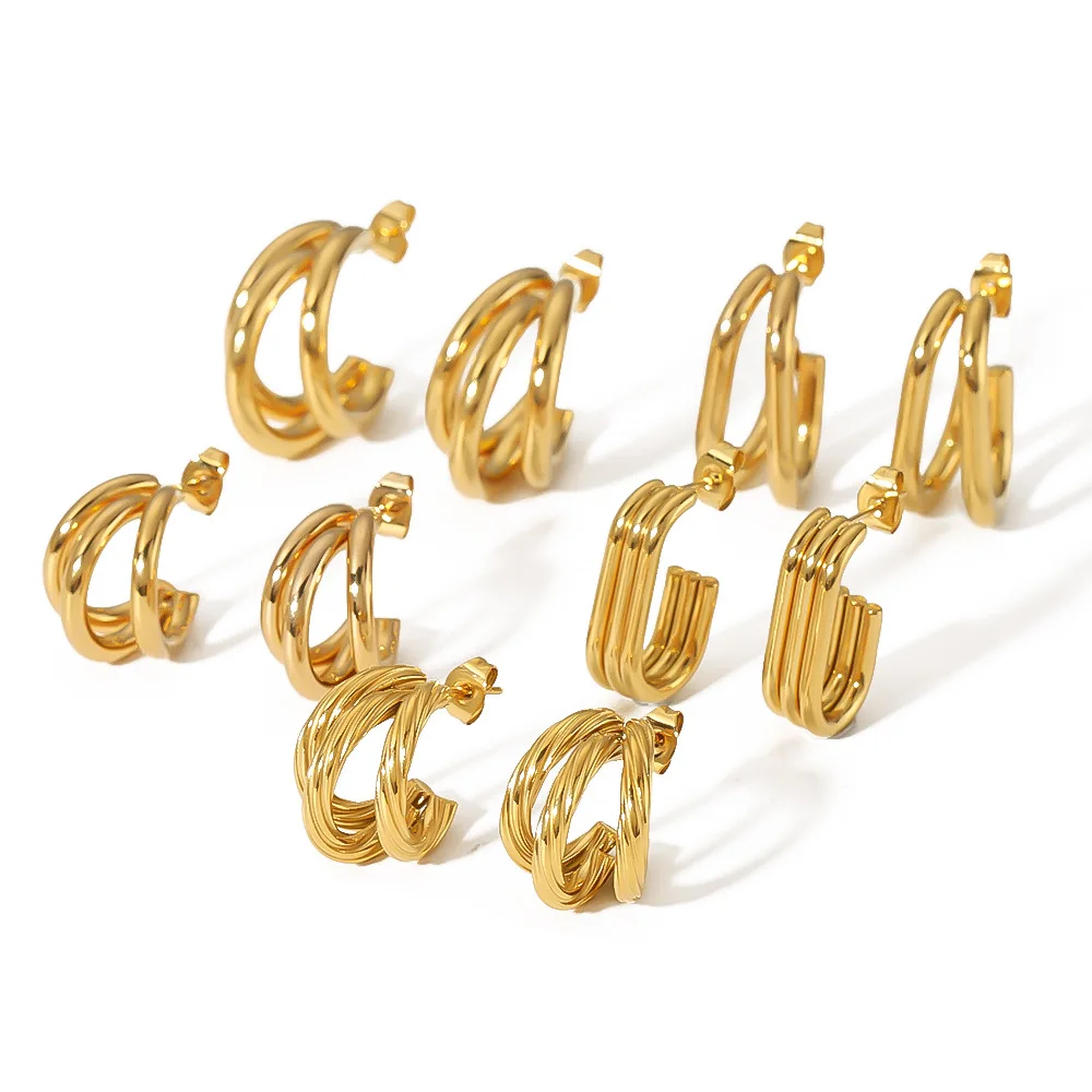 Hypoallergenic 18K Gold Plated Stainless Steel C-shape Hoop Earrings for Women Tarnish Waterproof Jewelry