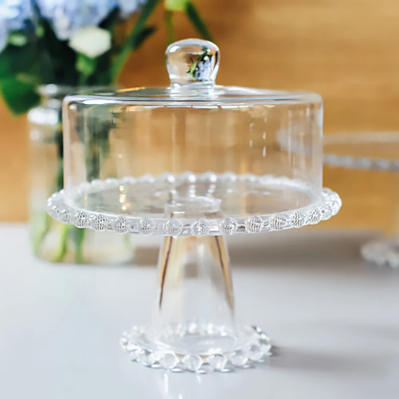 

Hand Made Transparent Beaded Stemmed Glass Cake Dome Stand with Cover, Customized color