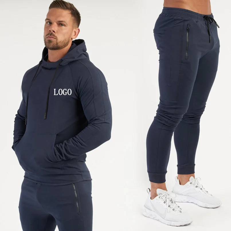 

High Quality Men Slim Casual Hooded Sweater Trousers Two Piece Cotton Sports Fitness Suit, Picture