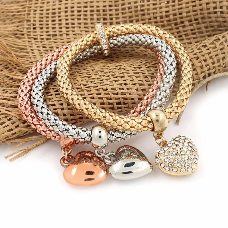 

Three-Dimensional Peach Heart Diamond Pendant Bracelet, Three-Color Combination Elastic Bracelet, Picture shows