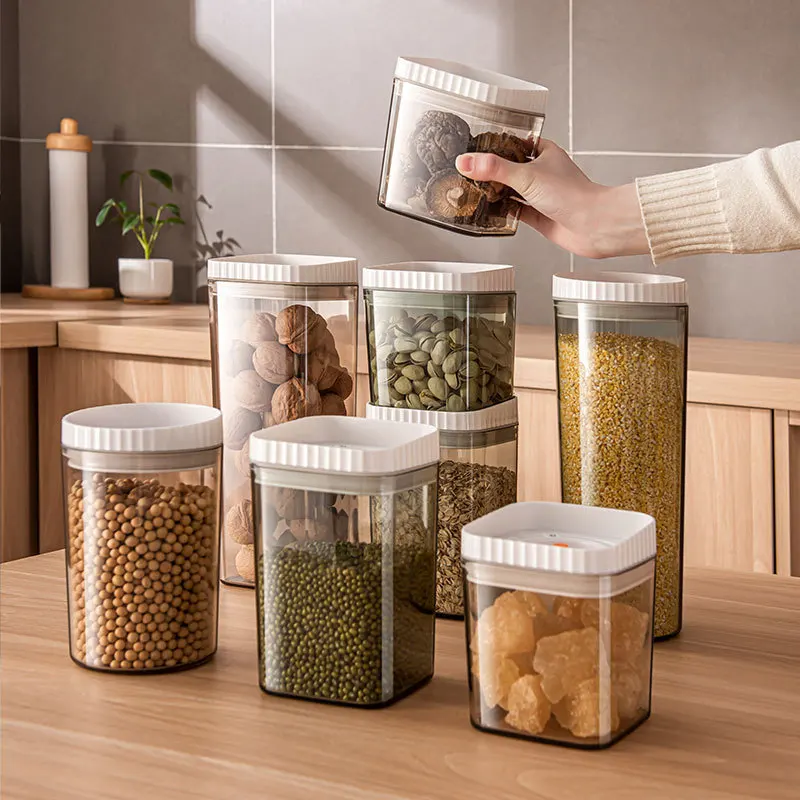 

Vacuum sealed storage jars hot sales plastic kitchen household transparent nuts cereals grains storage containers dry food, Green/brown