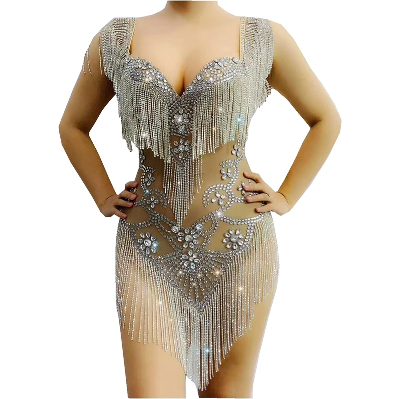 

sexy girls bling diamonds crystal floral tassels women lady teddy one-piece low-cut tight women club party dance dresses