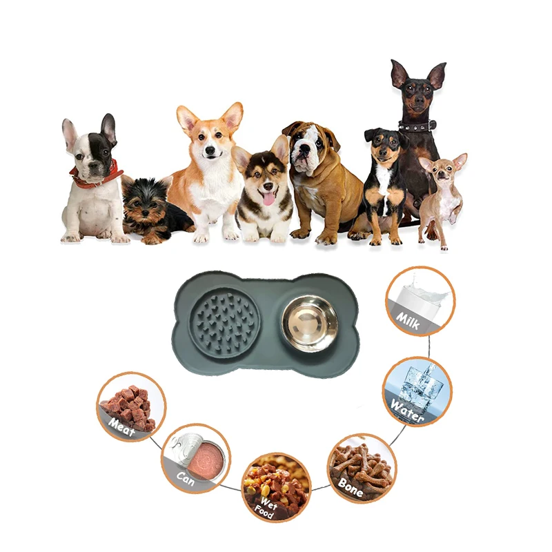 

RTS cat dog non-slip bowls pet lick mat with stainless steel bowls 304 water proof pet food mat pet feeding mat