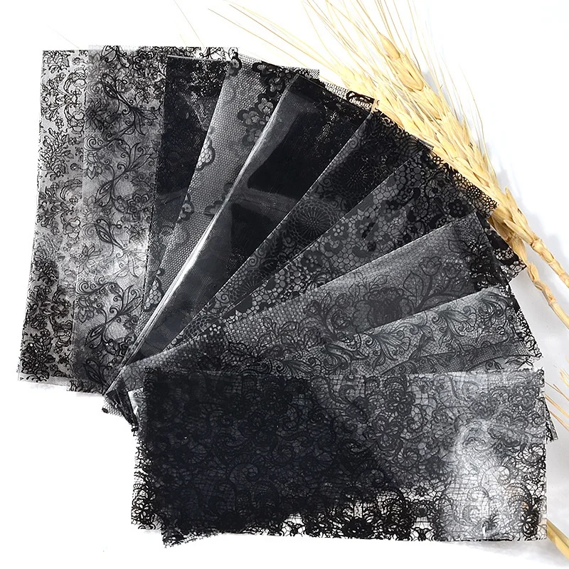 

10pcs/bag Black Lace Flower Leaf Nail Stickers Set Varnish Mix Transfer Foil Nail Art Decals Manicur Halloween Dropship