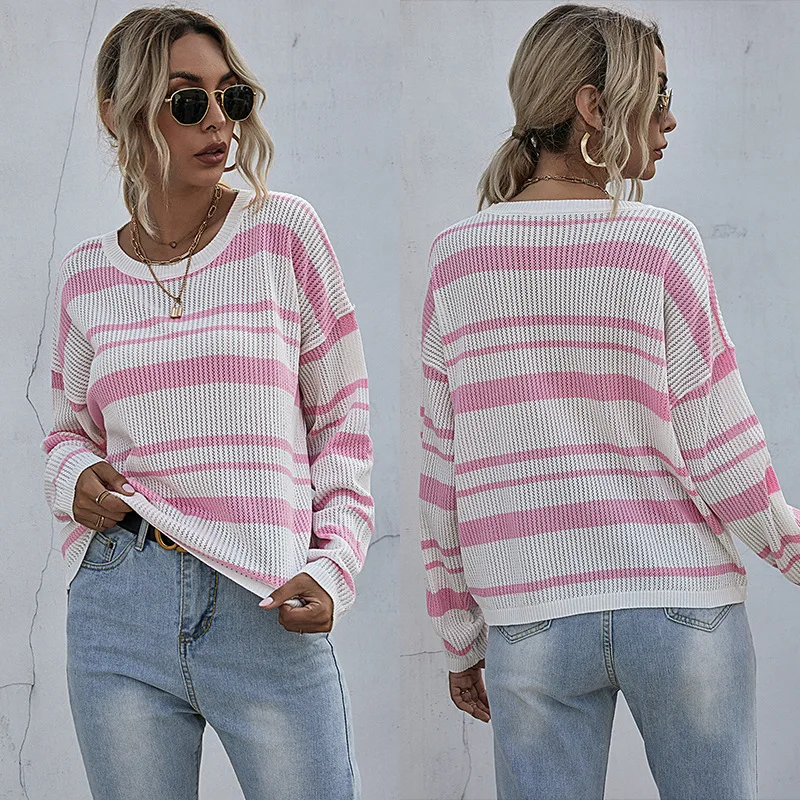 

Autumn/Winter New Style Women Knit Sweaters Long Sleeve Pink Striped Lovely Thin Slim Pullovers Lady Tops Female Base Sweater