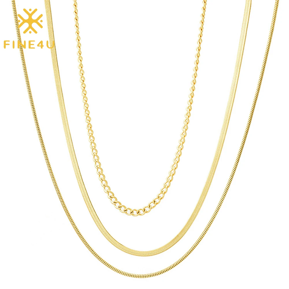 

New arrivals 2021 fashion accessories gold plated three layer herringbone stainless steel necklace snake chain, Gold/steel