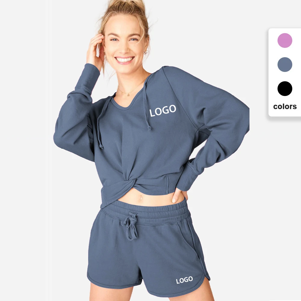 

2022 Women Soft Comfort Loose Exercise Shorts and Cropped Sweatshirt Set