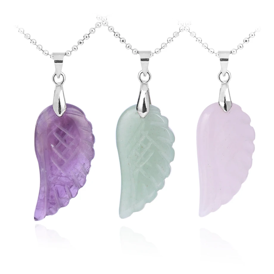 

CSJA bulk wholesale natural amethyst pink crystal gem stone angel wing necklace pendant lapis opal jewelry E768