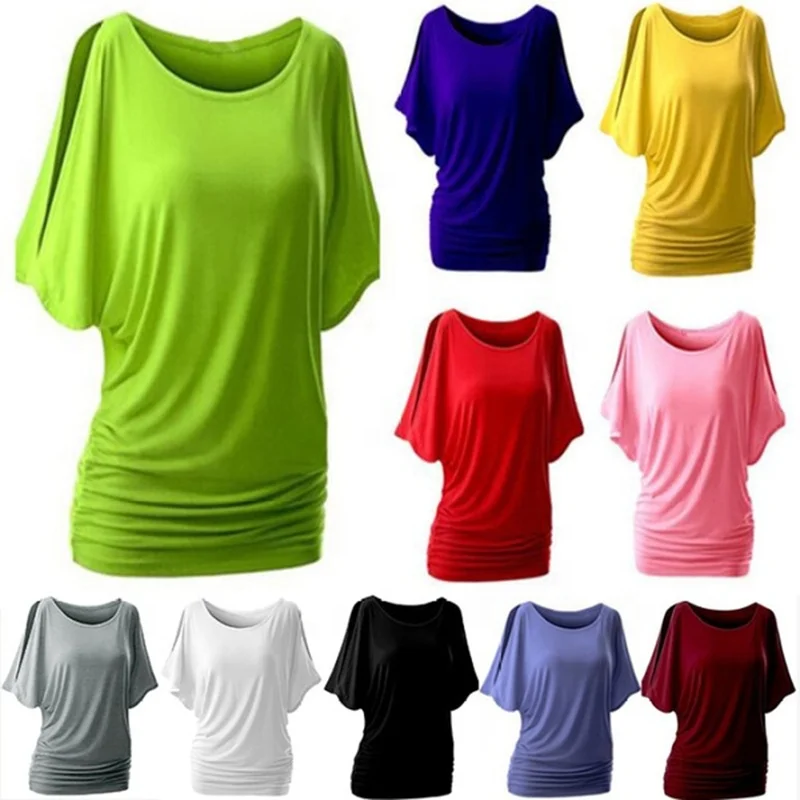

Plus Size 2020 New Fashion Summer T-shirts Sexy Big O-neck Batwing Sleeve Tops Cut Out Off Shoulder Women's Loose T-shirt, 10 solid colors as shown