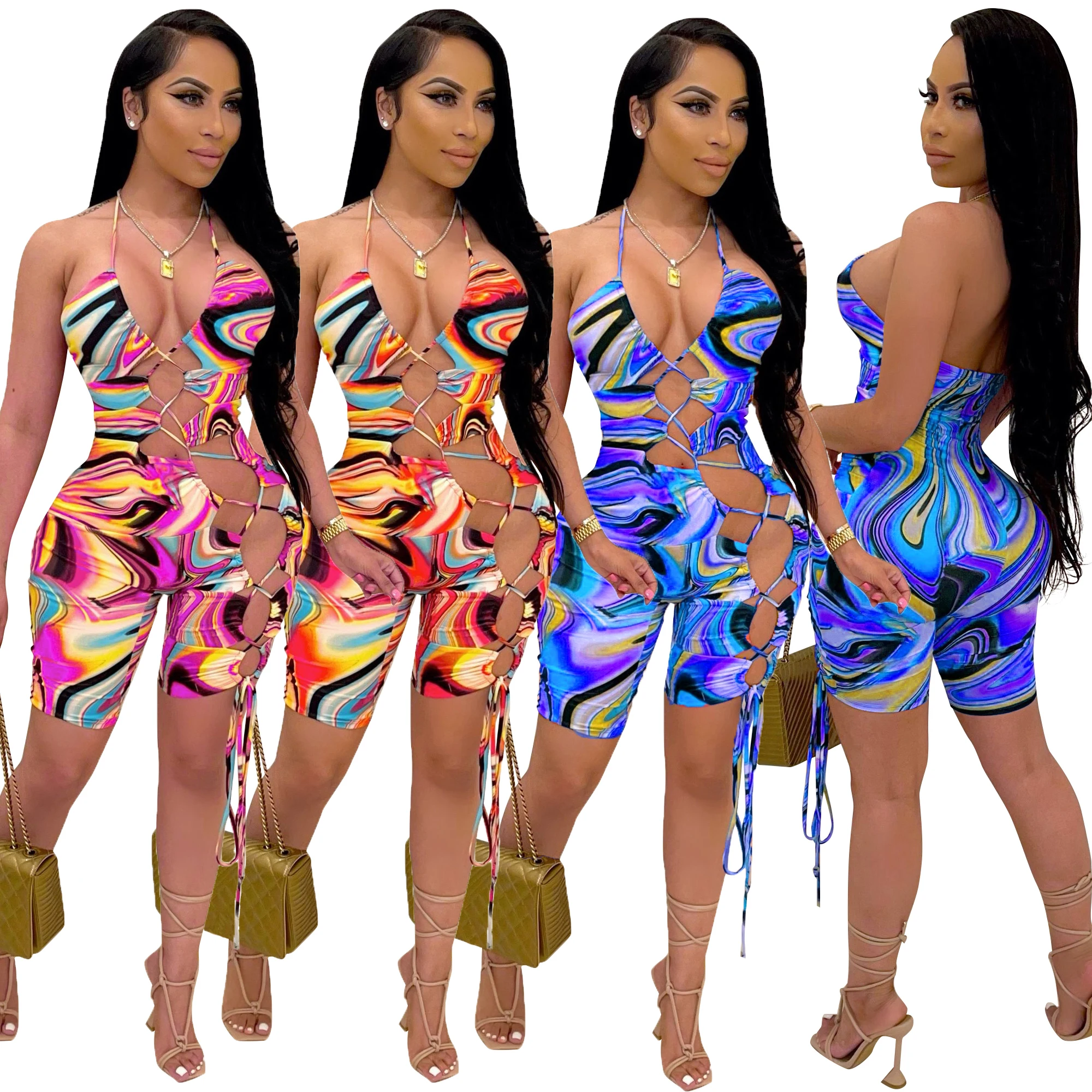 

Consignment ready to ship Wholesale CM2131European and American sexy suspender tie dyed hollow out digital printing Jumpsuit