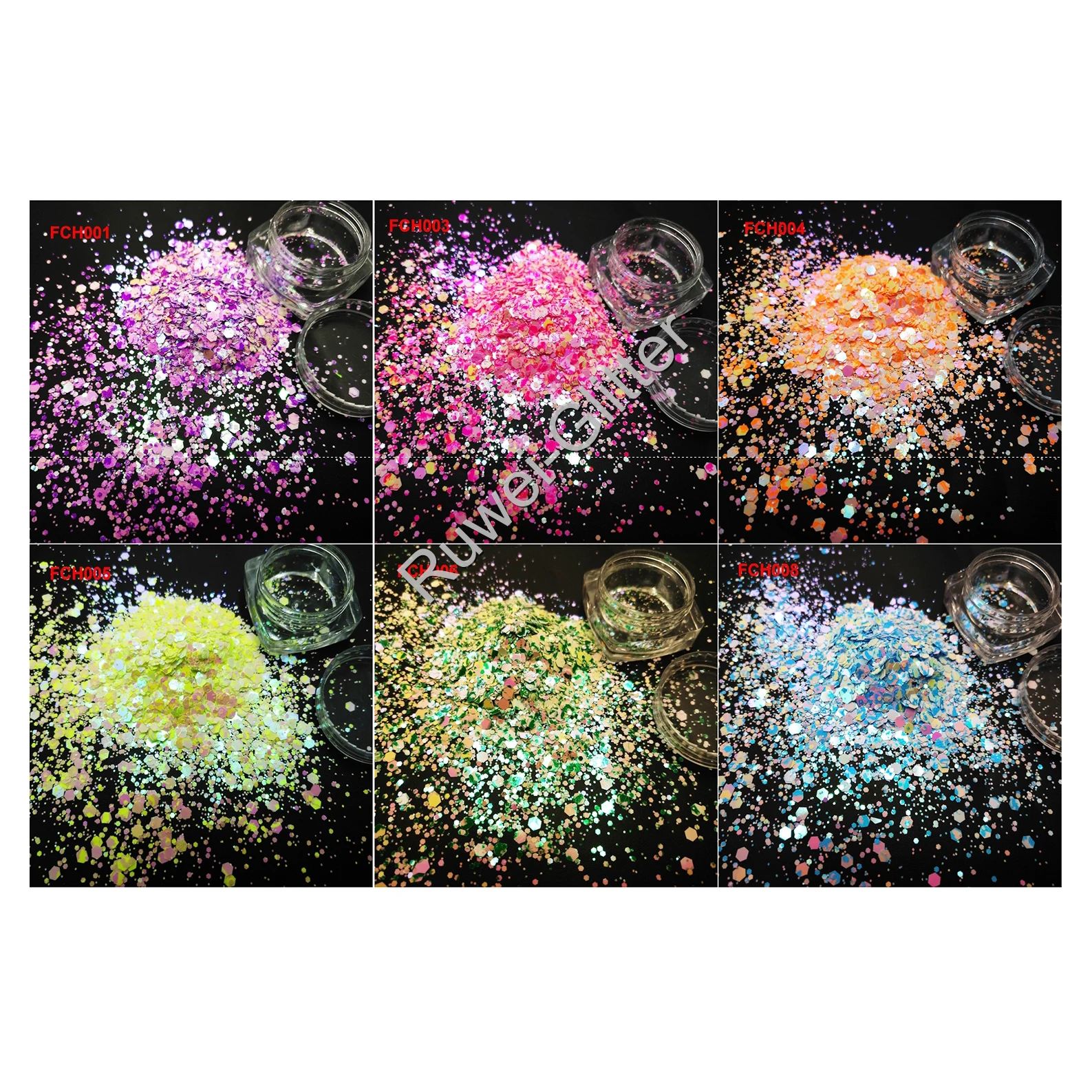 

Hot Selling 6 Colors Cosmetic Chunky Glitter Mix Hexagon for Makeup Nail Art Facepainting in Jar