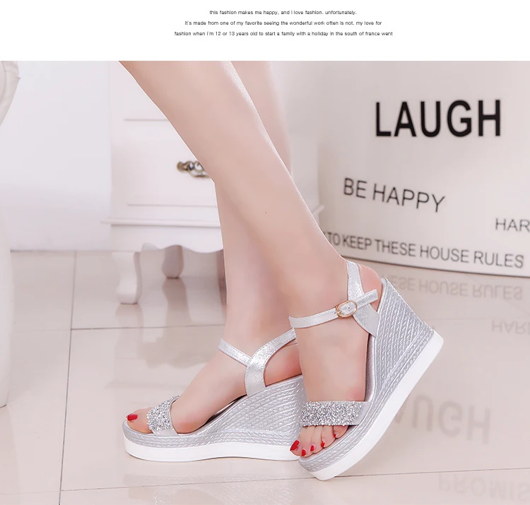 

Sequins wedges platform women sandals rhinestones buckles sandals for girls, Golden, sliver