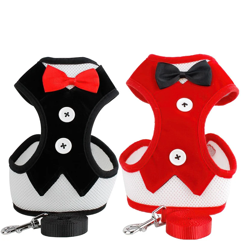 

2021 New Pet Harness Dog Vest Type Chest Harness Pets Evening Dress With Bow Tie Nylon Dog Leash Collar Harness Sets