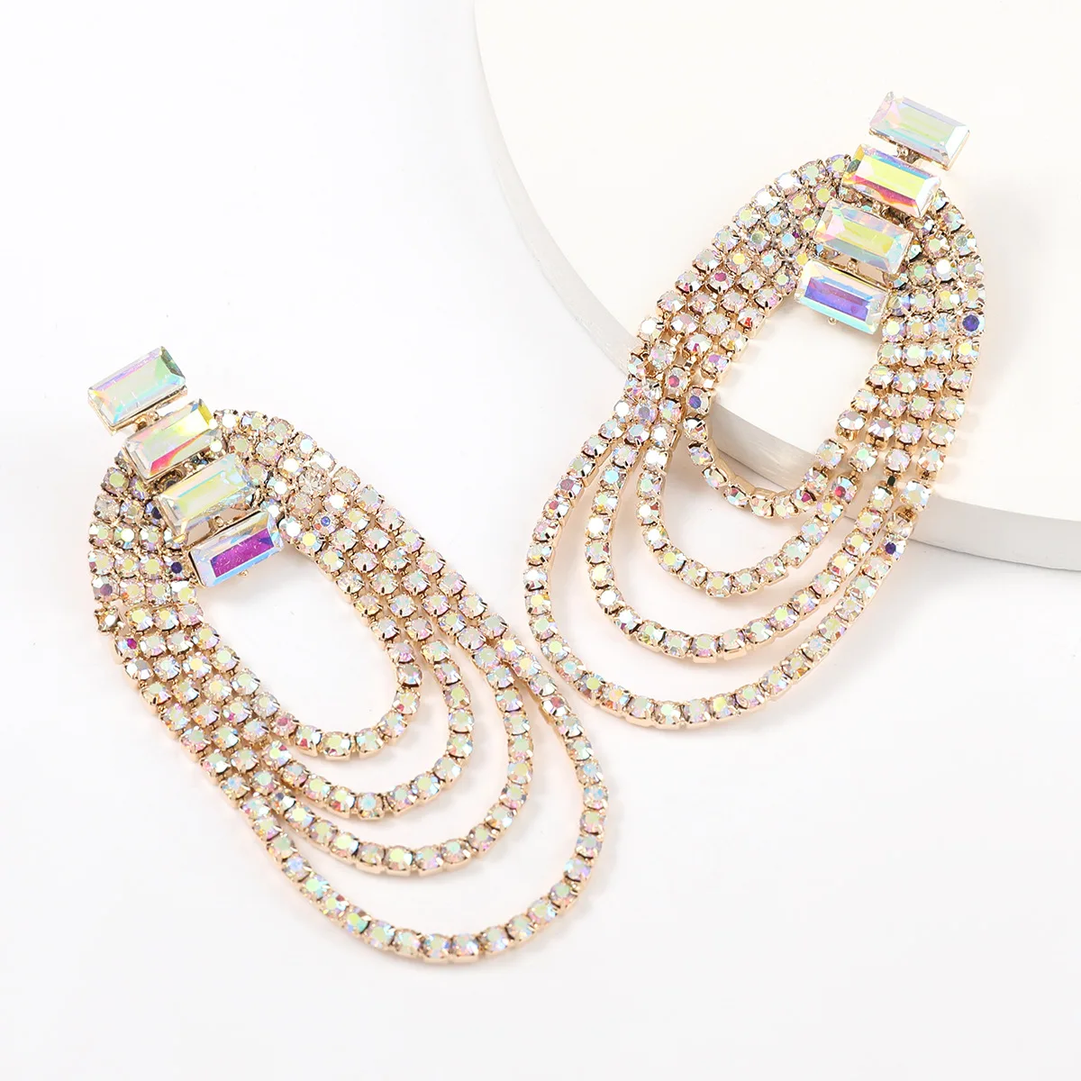 

HOVANCI 4 2021 Popular Crystal Multi Oval Tassel Drop Earrings Bohemia Multi Layer Geometric Tassel Rhinestone Earrings, As pictue show