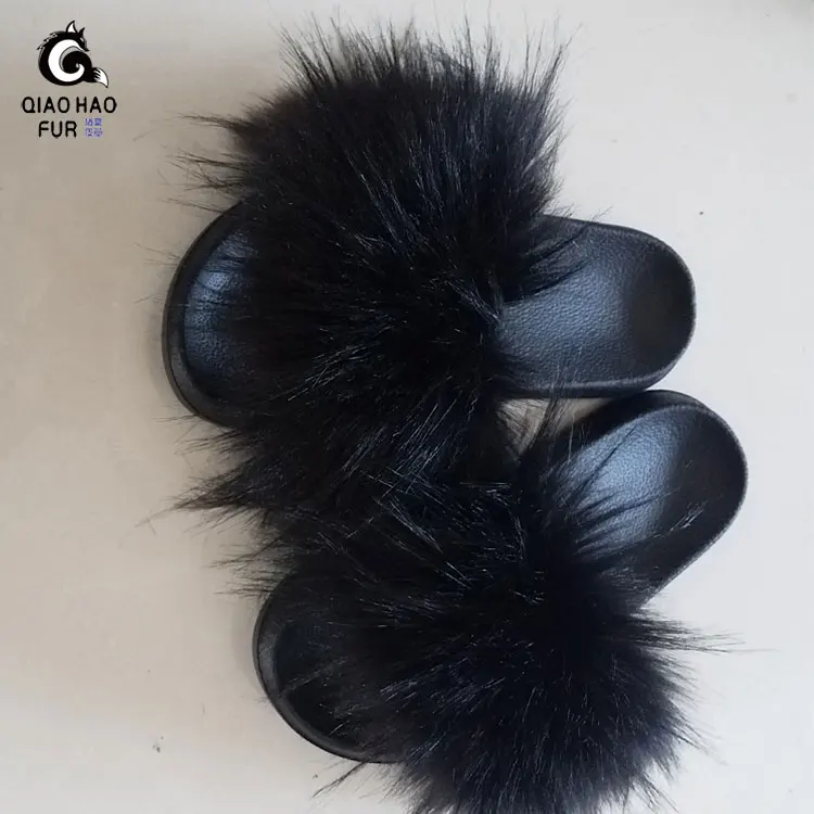 

hairy Hot selling 2021 raccoon fur slippers womens slippers black fur slippers wholesale