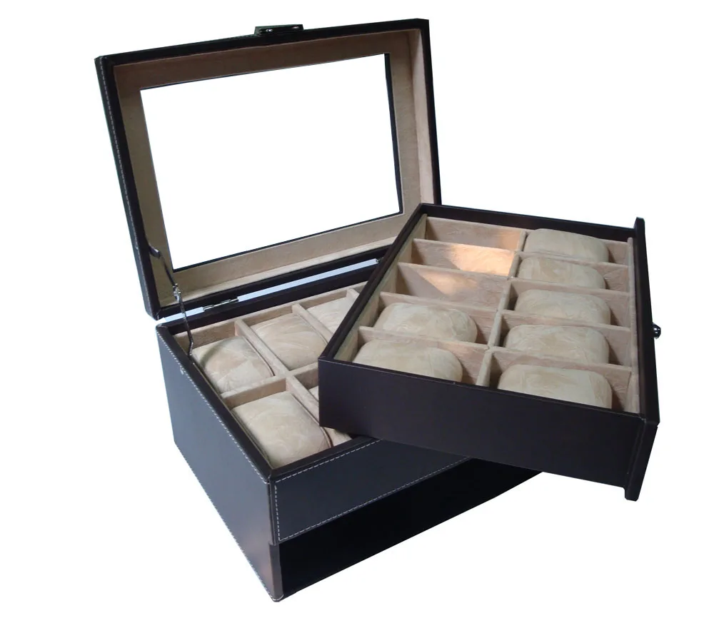 
Watch Box Organizer 10+10 Men Display Storage Case Jewelry Box Metal Hinge Black PU Leather Glass Top Large Holder 