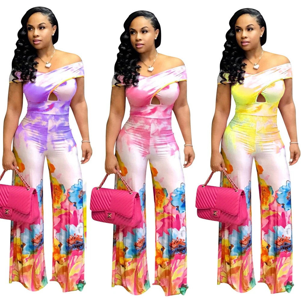 

plus size corset polyester set workout 2020 sexy wide leg off the shoulder women floral jumpsuits, As photo showed
