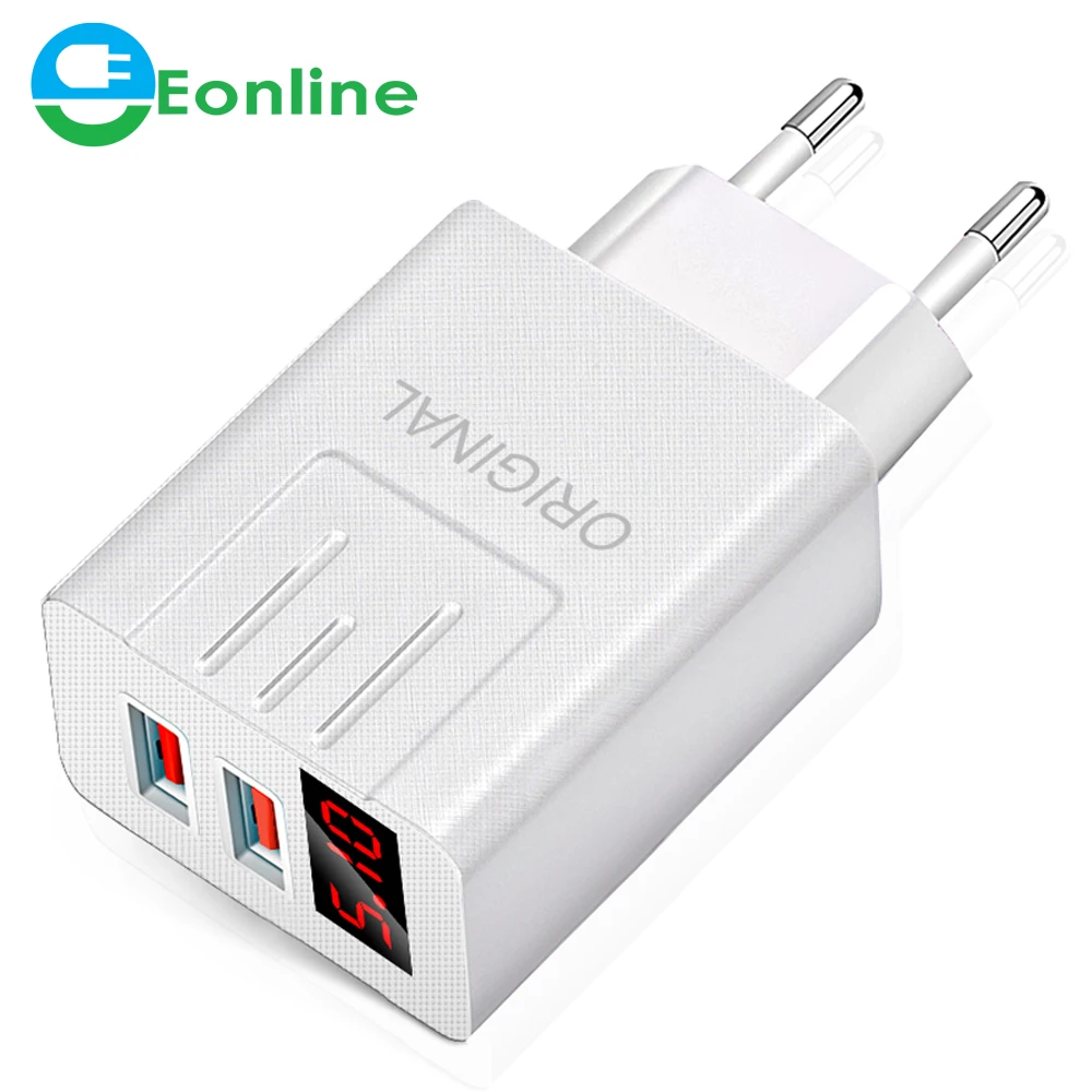 

EONLINE 2 USB Charger LED Display 3.1A EU US Plug Fast Charging Smart Mobile Phone Charger For iPhone 11 XR Samsung Xiaomi, White
