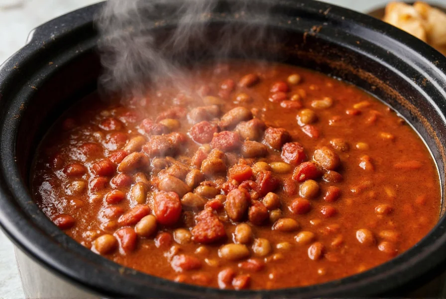 Vegan chili in slow cooker with beans, tomatoes, and spices visible, vibrant red color, steam rising