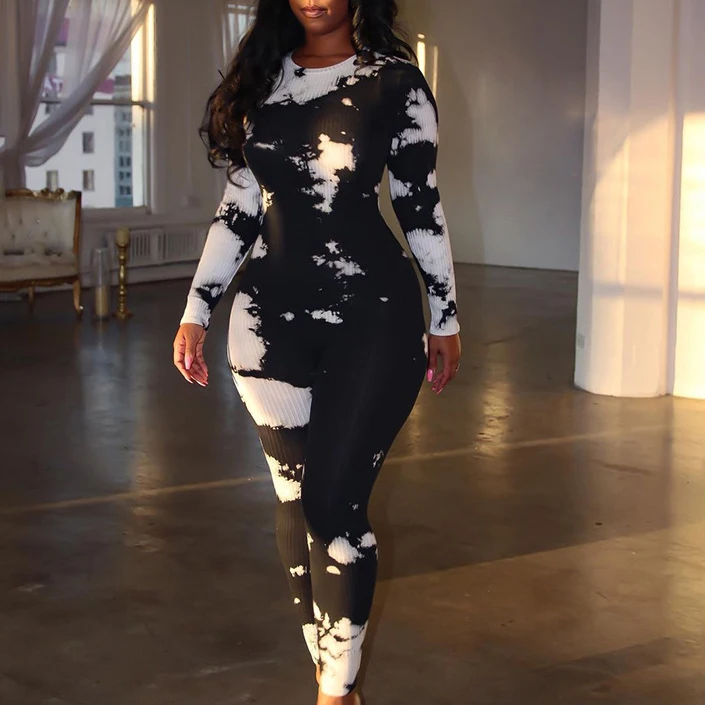 

FS2313D Sexy Women round collar long sleeve Fashion prints jumpsuits