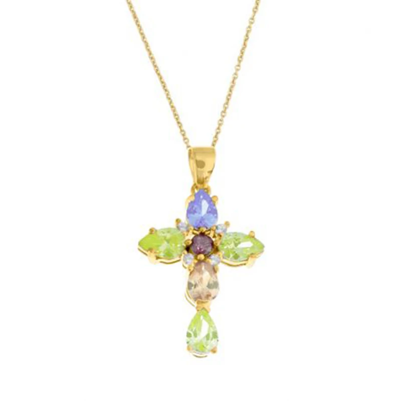

Fashion European and American S925 Sterling Silver Cross Colored Zircon Necklace