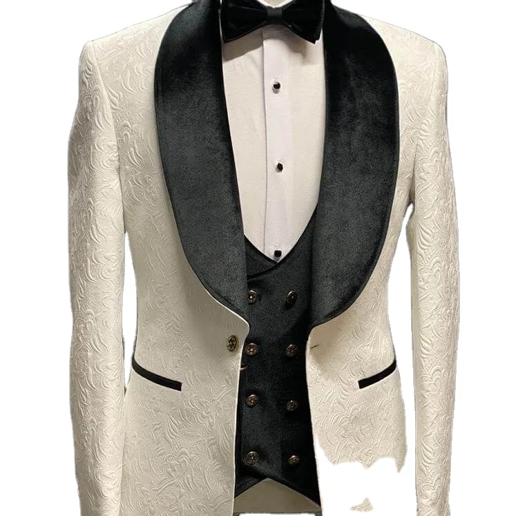 

White & Black Groom Velvet Tuxedo Butterfly Jacquard Men Suit(jacquard coat with velvet lapel+velvet vest+jacquard pants)