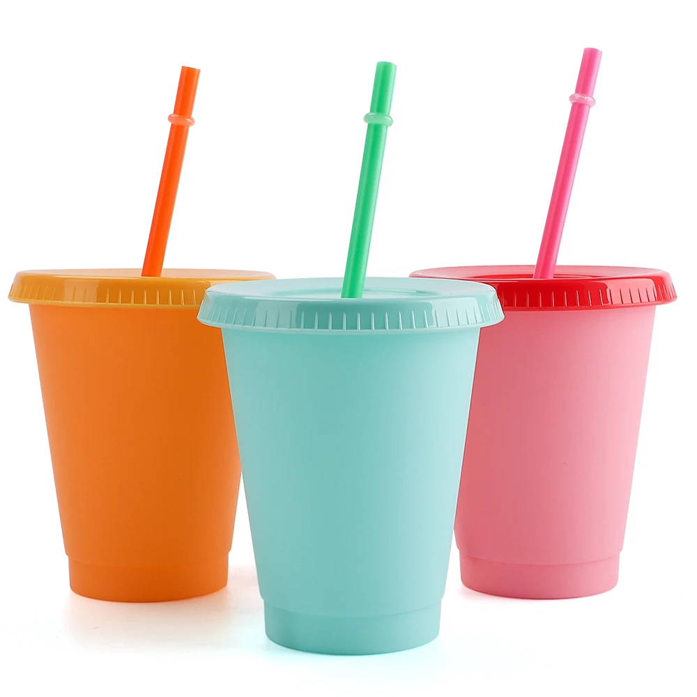 

16oz New Style Reusable Color Changing Water Cup BPA Free Plastic Coffee tumbler With Straw Set Of 5, Customized
