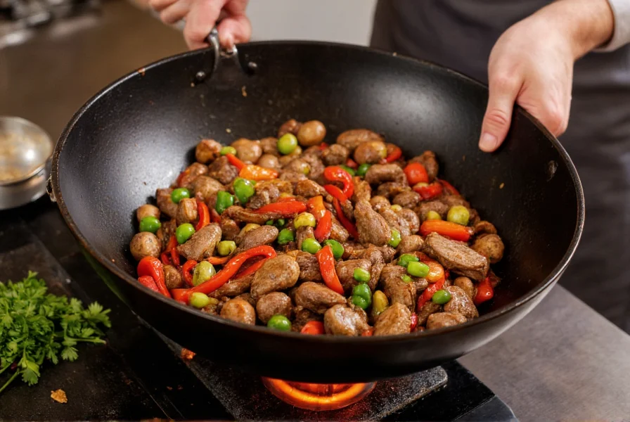 Chef's hands stir-frying pepper steak in a traditional wok showing proper technique with vibrant vegetables and sizzling beef