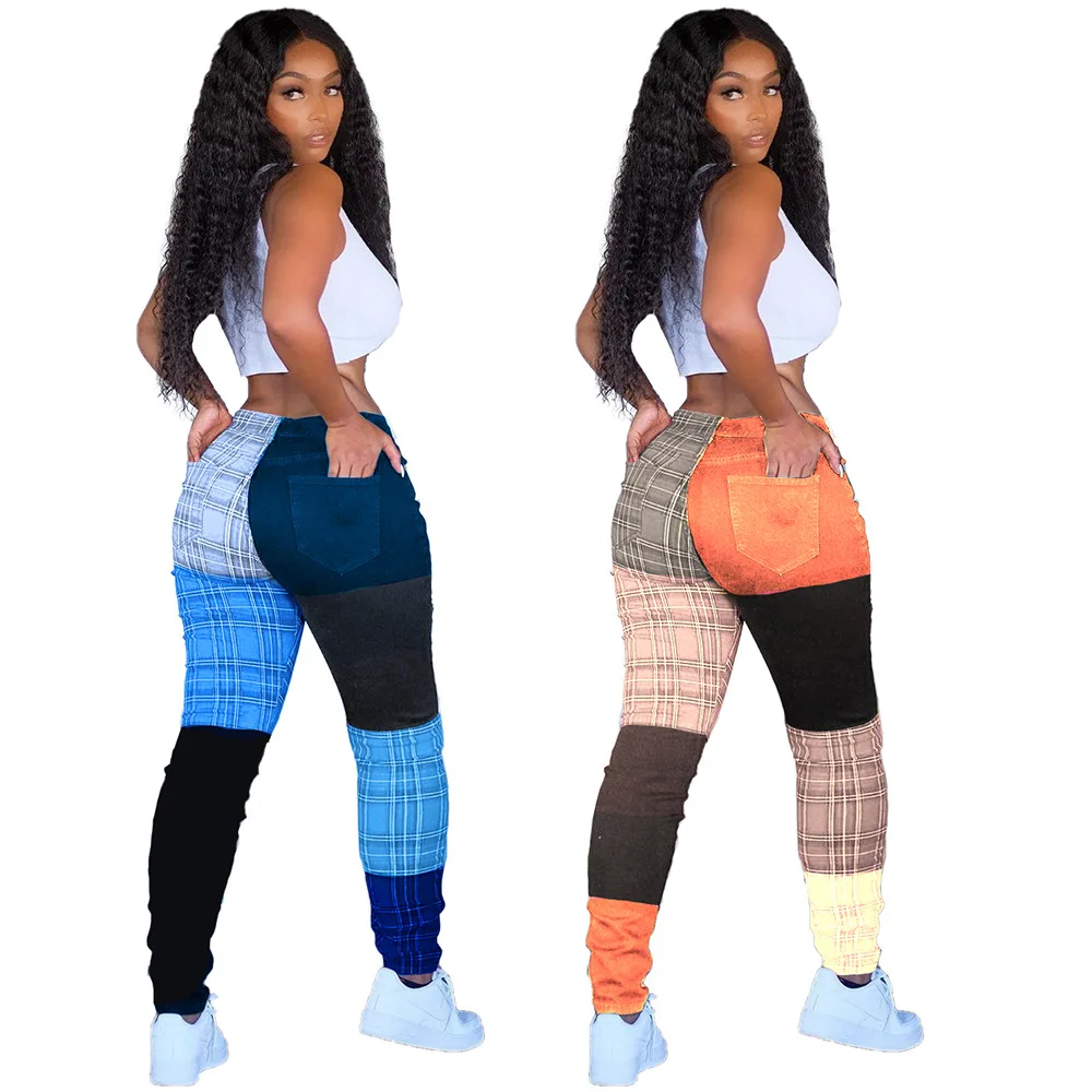 

Wholesale Fall Women Clothes Streetwear Casual ladies Patchwork Check Long Plaid Pants For Women