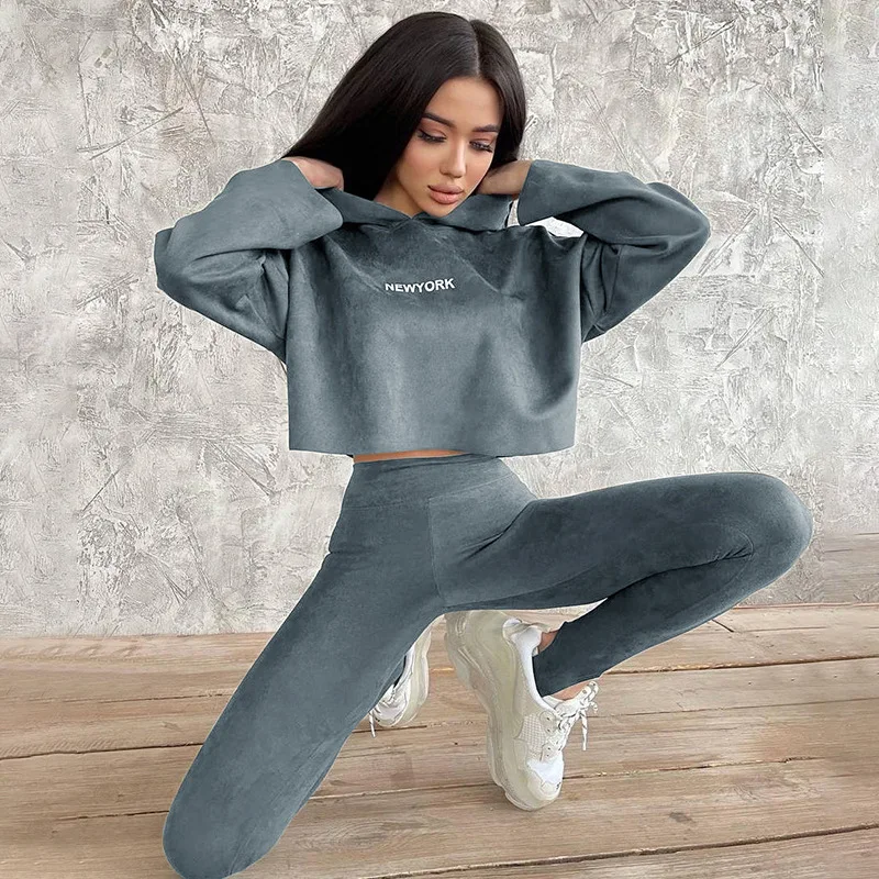 

Sports Yoga Hoodies Two piece Fall Clothing 2021 New Style Deerskin Velvet Printed Hooded Women Sweat Suit, As picture
