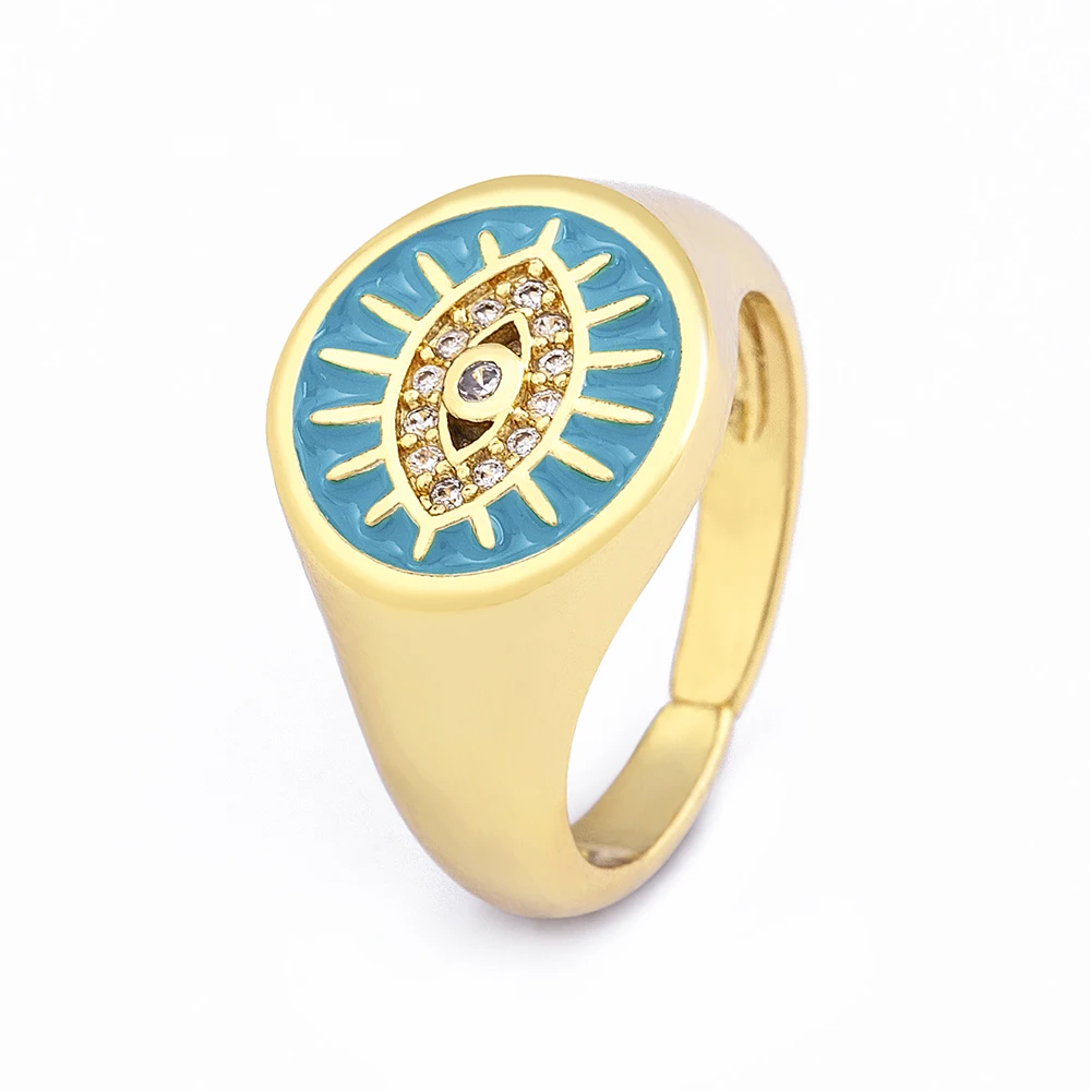 

High Quality Diamond Evil Eye Rings Enamel Color Cubic Zircon Gold Plated Opening Adjustable Rings Jewelry Gifts for Women, 5 colors