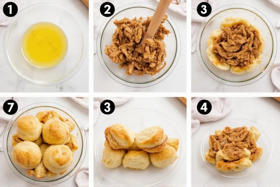 Step-by-step process of transforming canned biscuits into cinnamon rolls with melted butter, cinnamon sugar filling, and rolling technique