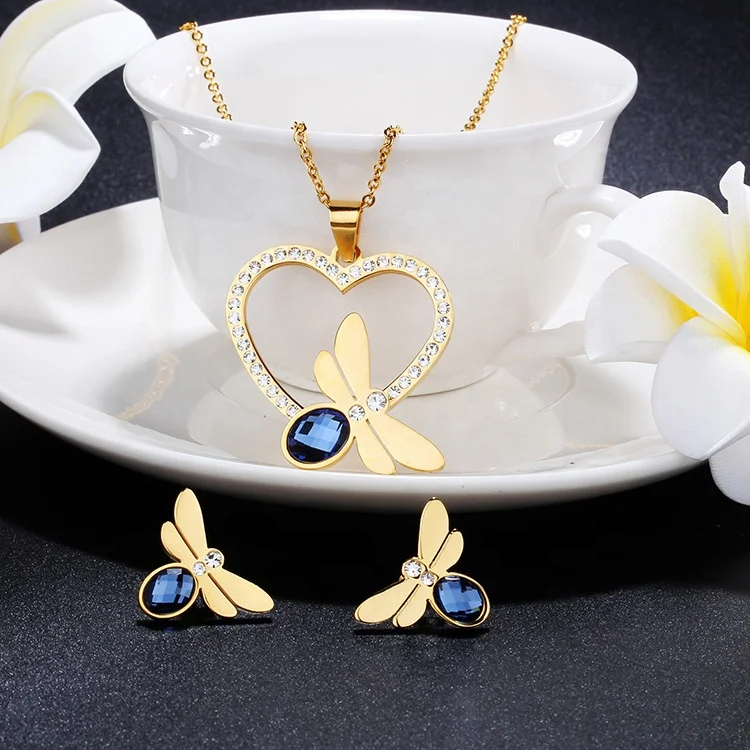 

RFJEWEL stainless steel jewelry set with heart set diamond multi - color crystal dragonfly necklaces earrings, Gold plated