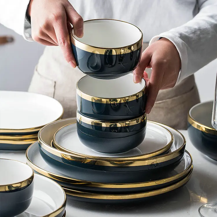 Luxury Dinnerware Gold Edge Dinner Plate Restaurant Dinner Set