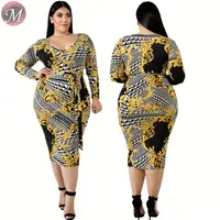 

D90801007 queenmoen newest hot long sleeve v-neck floral print plus size woman casual long pencil dress