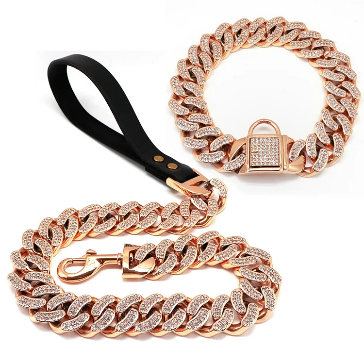 

Stainless Steel bling dog collars divtop Chunky Dog Cuban Chain Lead Diamond rose gold Pet Collar leash for Large Dog Pitbull, Gold plating