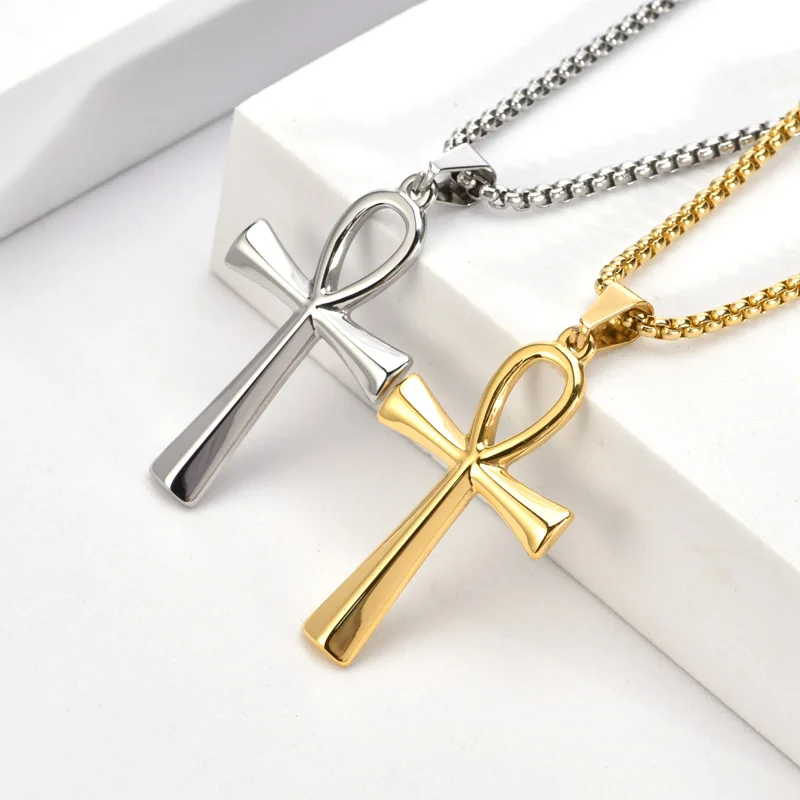 

Never Fade Simple Ancient Egyptian Religious Jewelry Titanium Steel Cross Pendant Gold Necklace Gents Hip Hop