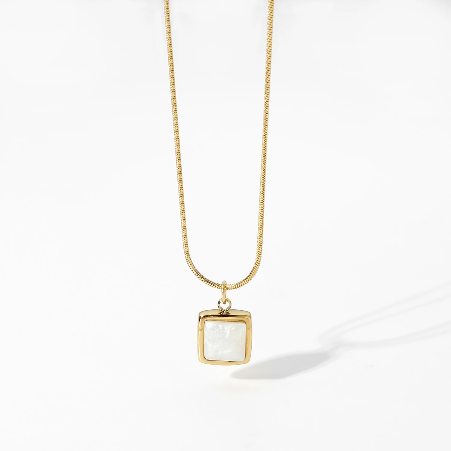 

Minimalist 14K Gold Plated Stainless Steel Chain Choker Jewelry Square White Jade Pendant Necklaces For Women