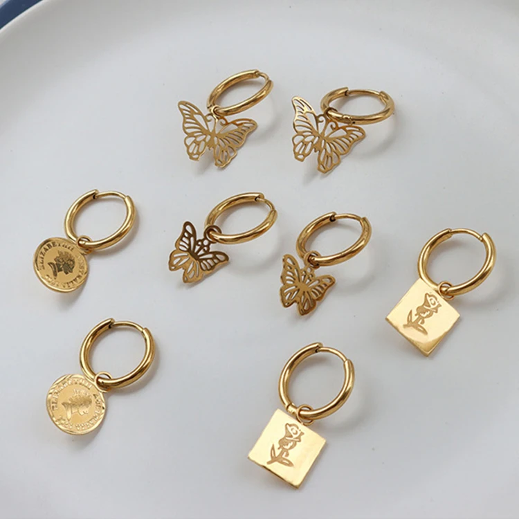 

Flower Shape Rose Gold Plated 18K Gold Plated Stainless Steel Geometric Square Coin Rose Flower Butterfly Charm Hoop Earrings, Gold color