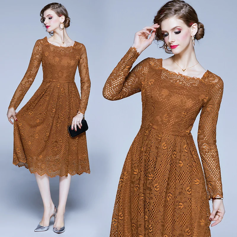 

2021 Summer Sexy Ruffles Women long Sleeves Dress Square Neck Slim Waist lace Dresses New lady Princess Pleated Dresses