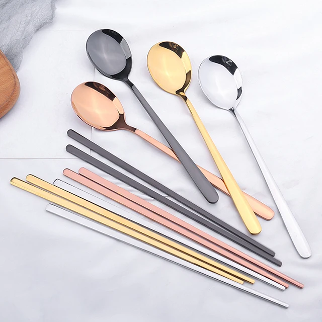 

Korean cutlery Set Nice Design Stainless Steel 304 Dinner Gold Plated Korean Spoon Chopstick With Customized Logo, Silver + black /green/ white/pink/red/bule(painting)