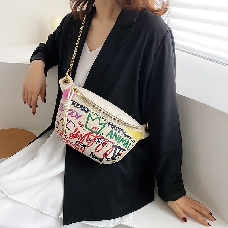 

designer Messenger Chest graffiti letter print chain pu leather belt purse women waist bags white fanny pack