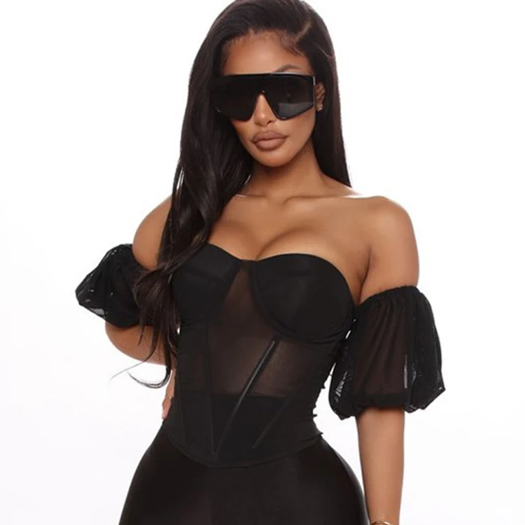 

Off Shoulder Puff Sleeve Strapless Mesh Blouse Boned Solid Color Women Sexy Tops And Blouses Backless Top Corset, Pink,black