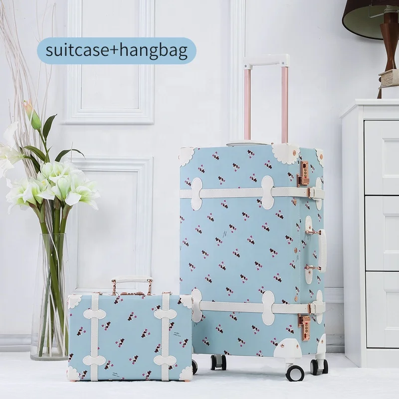 

Light Blue Retro Rolling Luggage with Spinner Wheels Vintage Cute Suitcase for Women Carry On