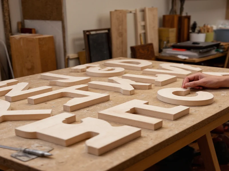 Hand-sanded wooden craft letters on workbench