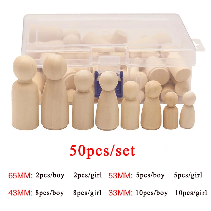 33mm 43mm 53mm 65mm Wooden Tiny Doll Body DIY Crafts Toy for Paint Carved EZSMART 50Pcs Unfinished Wooden Peg Dolls with Storage Box 