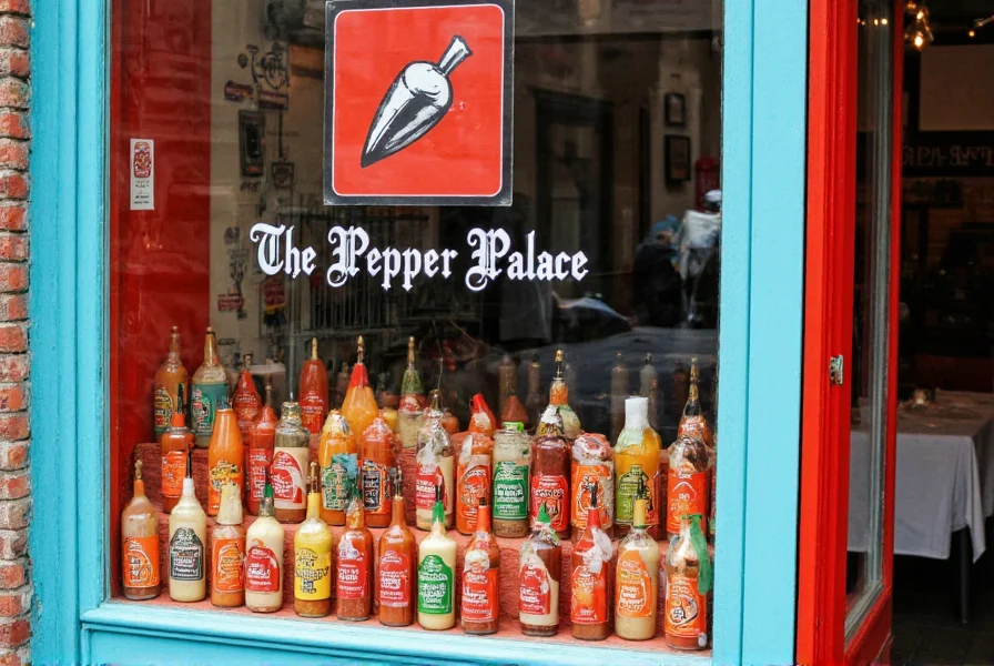 The Pepper Palace storefront with colorful hot sauce bottles displayed in window