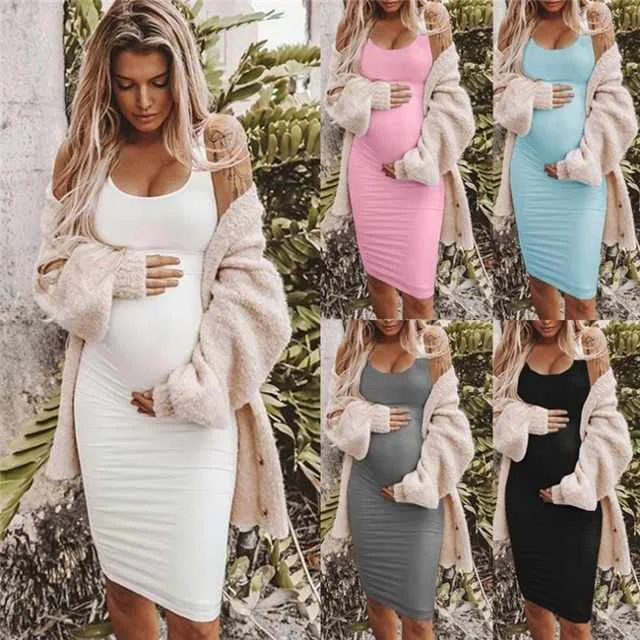 

New Round Neck Sleeveless Solid Color Maternity Long Vest Dress, Picture color